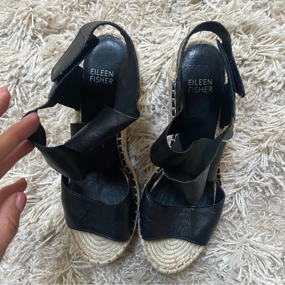 Eileen Fisher Willow Espadrille Wedge Sandals Tumbled Leather Black Size 7 - Picture 5 of 9